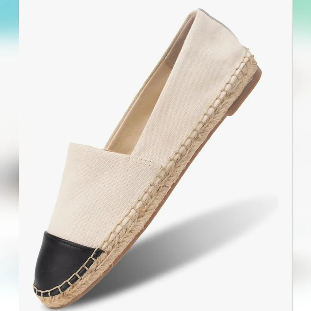 Women's Cream and Black Canvas Espadrille Flats - NWOT